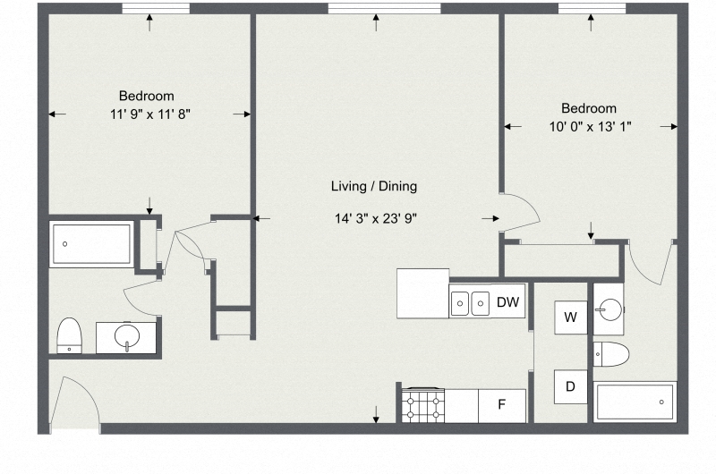 Floor plan for 2 beds, 2 baths, 979 sqft